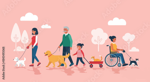 Diverse group of people walking pets in a park.