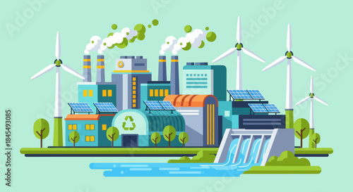 Eco-friendly industrial complex with renewable energy sources.