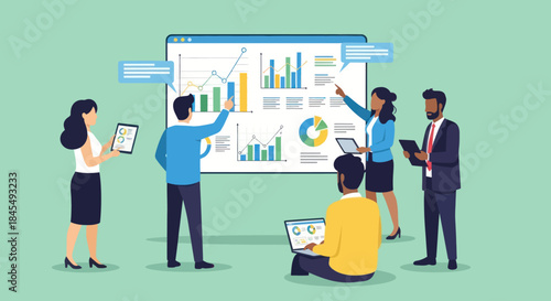 Diverse business team collaborating on data analysis during a meeting.