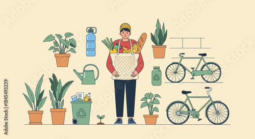 Illustration of a person with groceries and eco-friendly items