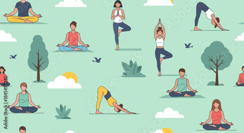 People practicing yoga and meditation outdoors.