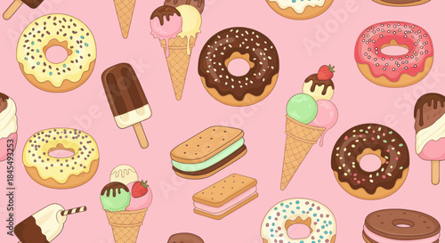 Seamless pattern with donuts, ice cream cones and popsicles on pink background.