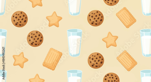 Seamless pattern of cookies and milk glasses