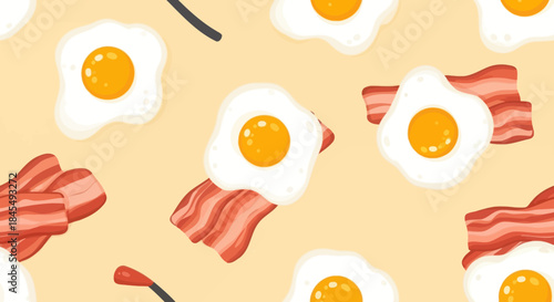 Seamless pattern of fried eggs and bacon strips on a yellow background.