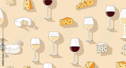 Seamless pattern of wine glasses and cheese wedges