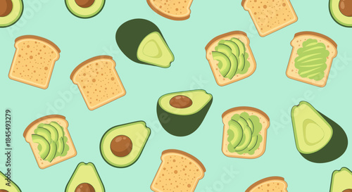Avocado toast pattern with whole and sliced avocados