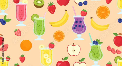 Seamless pattern of colorful fruit smoothies and fresh ingredients.