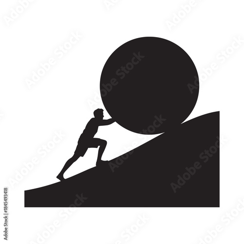 A silhouette of a man struggling to push a large sphere uphill