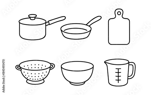 Collection of simple line art kitchen utensils including a pot, pan, cutting board, colander, bowl, and measuring cup
