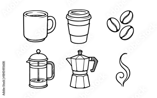 Hand-drawn coffee icons including a mug, travel cup, beans, French press, and moka pot