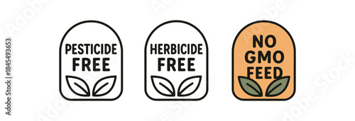 Flat vector illustration pantry badges with text pesticide free herbicide free no gmo feed
