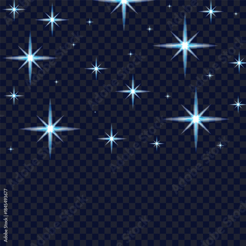 Stars bright night sky on dark transparent background. Sparkle backdrop vector 10 eps