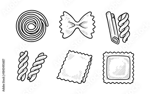 Hand drawn collection of various pasta shapes in a simple line art style