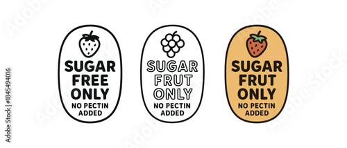 Flat vector illustration jam and spread labels with text sugar free fruit only no pectin added