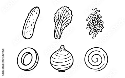 Hand-drawn collection of six different vegetables and food items in black and white