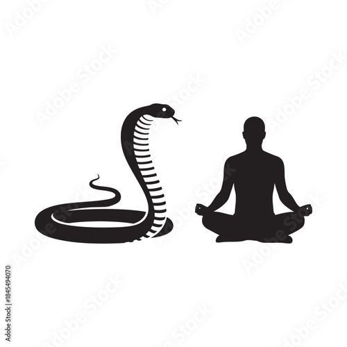 Silhouette of a meditating person with a cobra poised nearby