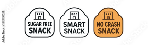 Flat vector illustration office snack labels with text sugar free snack smart no crash soft