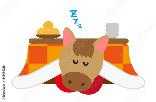 こたつでくつろぐ馬のかわいい年末年始イラスト