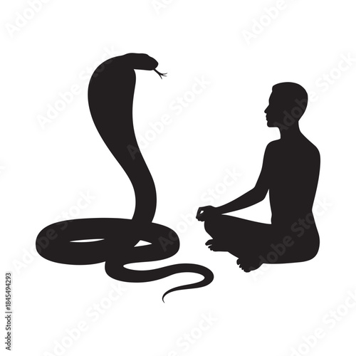 A silhouette of a yogi calmly facing a raised cobra in meditation