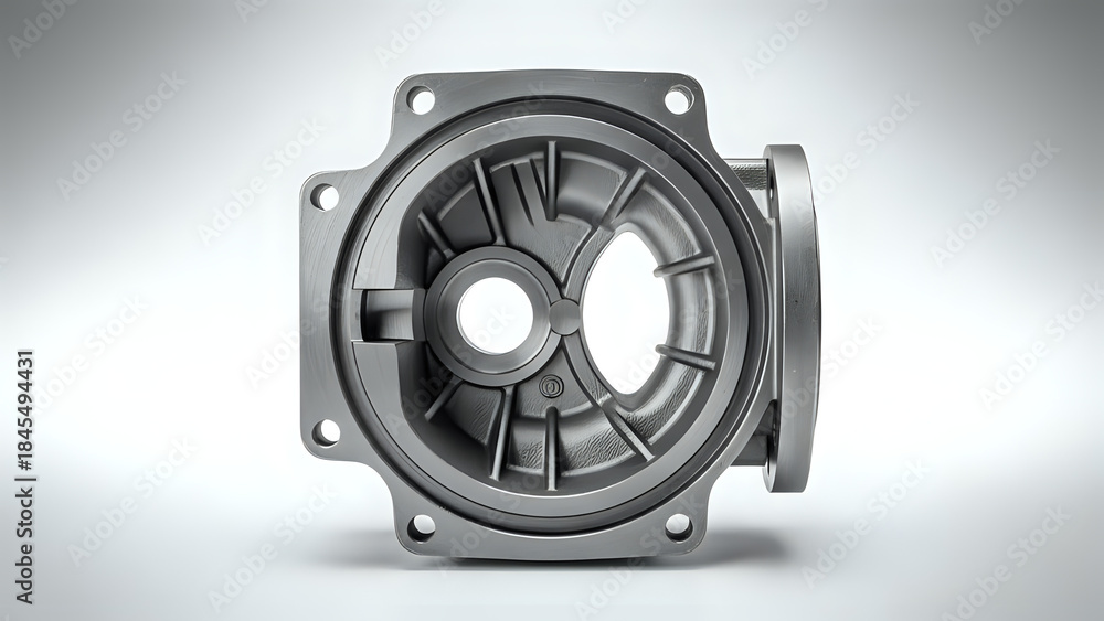 Fototapeta premium Precision machined metal housing component casting displayed against a clean white studio background
