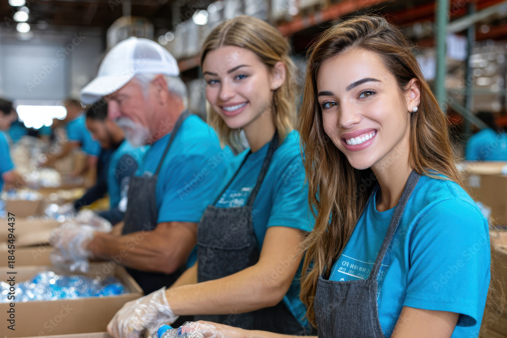 Obraz premium Volunteers pack supplies in a warehouse for community support during daylight hours