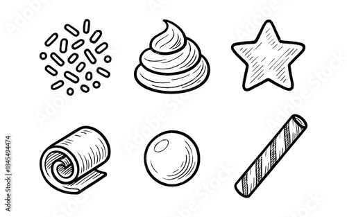 Hand-drawn icons of baking and confectionery elements for decoration