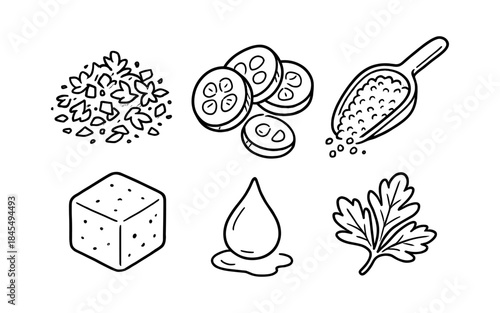 Hand-drawn icons of food ingredients including herbs, spices, and liquids
