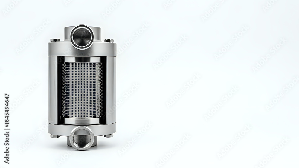 Fototapeta premium Polished stainless steel fluid filter assembly with visible mesh element
