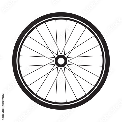 Simple black and white illustration of a bicycle wheel with many spokes