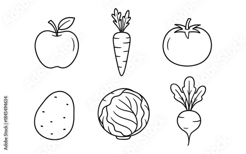 Simple line art illustrations of six common fruits and vegetables on a white background
