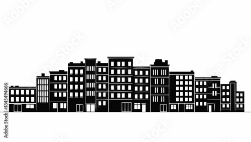 Silhouette of a row of apartment buildings in black and white.