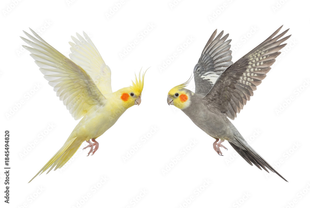 Fototapeta premium Two flying cockatiels facing each other isolated on white background