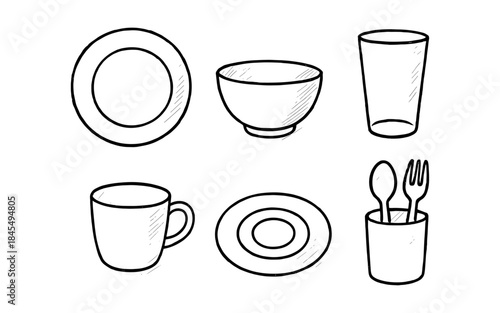 Hand-drawn collection of simple kitchenware items including plates, bowls, cups, and cutlery