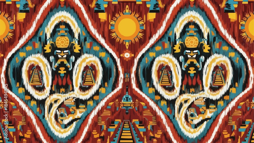 Intricate symmetrical tribal mask with sun and spiritual symbols.