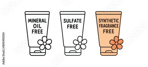 Flat vector illustration cosmetic tube labels with text mineral oil free sulfate free synthetic fragrance free