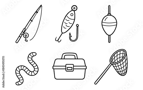 Collection of simple line art icons representing fishing gear and bait