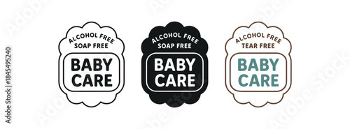 Flat vector illustration baby care product labels with text alcohol free soap free tear free