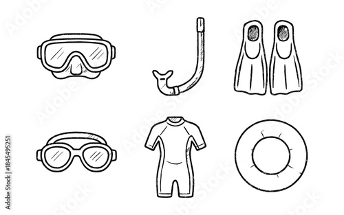 Collection of hand-drawn water sports equipment and accessories on a white background