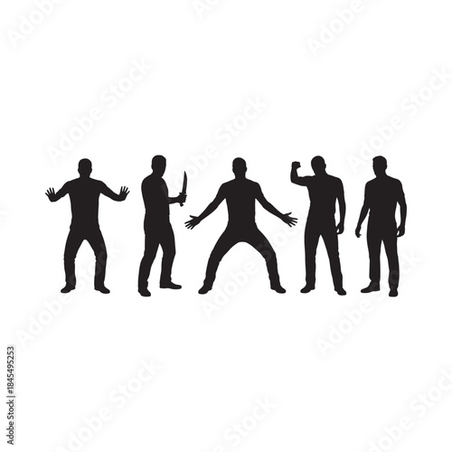 Silhouettes of five men in various dynamic poses showcasing human form