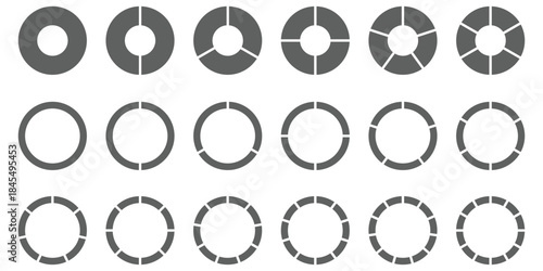 Circle divides on 1 to 9 equal parts. Wheel round diagram part symbol. Infographic element round shape, Circle semicircle quarter shapes. Black segmented circle set.