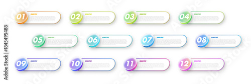 Bullet points numbers set 1 to 12 list markers glassmorphism. Infographic boxes with numbers for timeline, process, sequential processes, annual highlights, progress