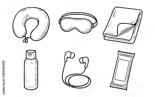 Travel essentials doodle set including neck pillow, eye mask, and toiletries