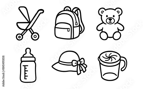 Collection of baby and child related icons in a simple line art style