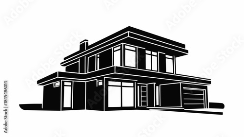 Modern Two Story House with Large Windows and Garage.