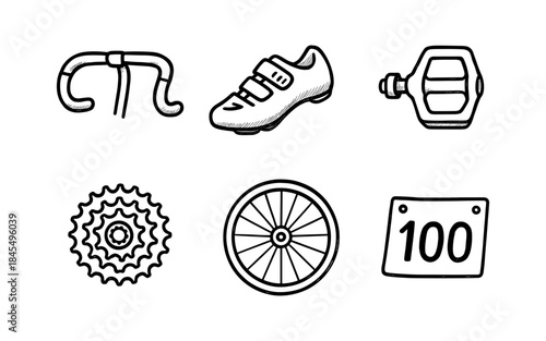 Hand-drawn bicycle parts and racing bib illustration on white background