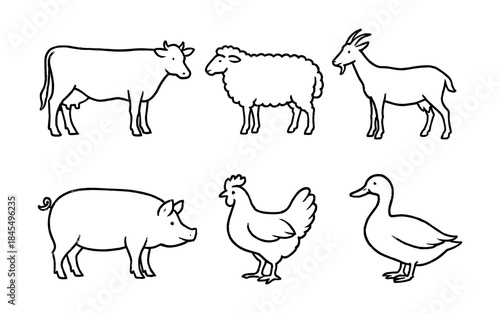 Collection of simple line art farm animals including a cow, sheep, goat, pig, chicken, and duck