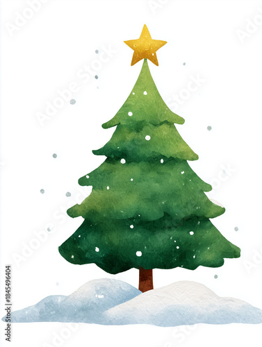 Christmas tree with star snowing watercolor illustration