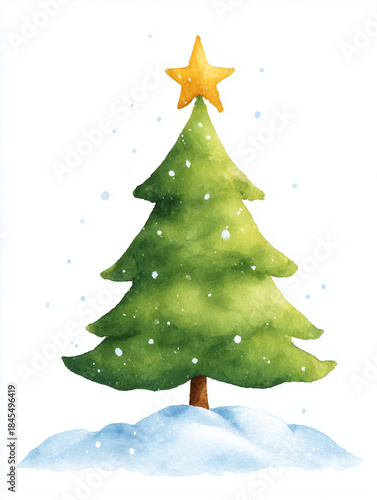 Christmas tree with star snowing on winter hill