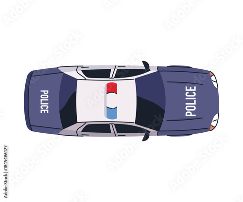 Police car top view, municipal road cops transport, 911 auto transport from above, emergency municipal service, overhead, policeman automobile, security service flat vector illustration.