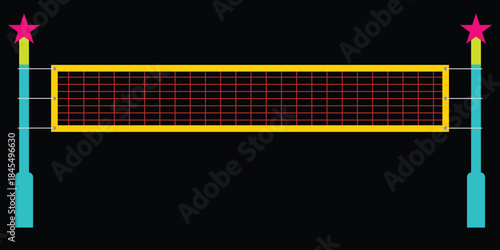 A stylized volleyball net with bright blue posts, a red net and a yellow rim on a black background